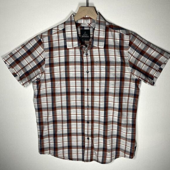 prAna Other - Prana Mens MEDIUM Rust Gray Plaid Short Sleeve Button Down Shirt